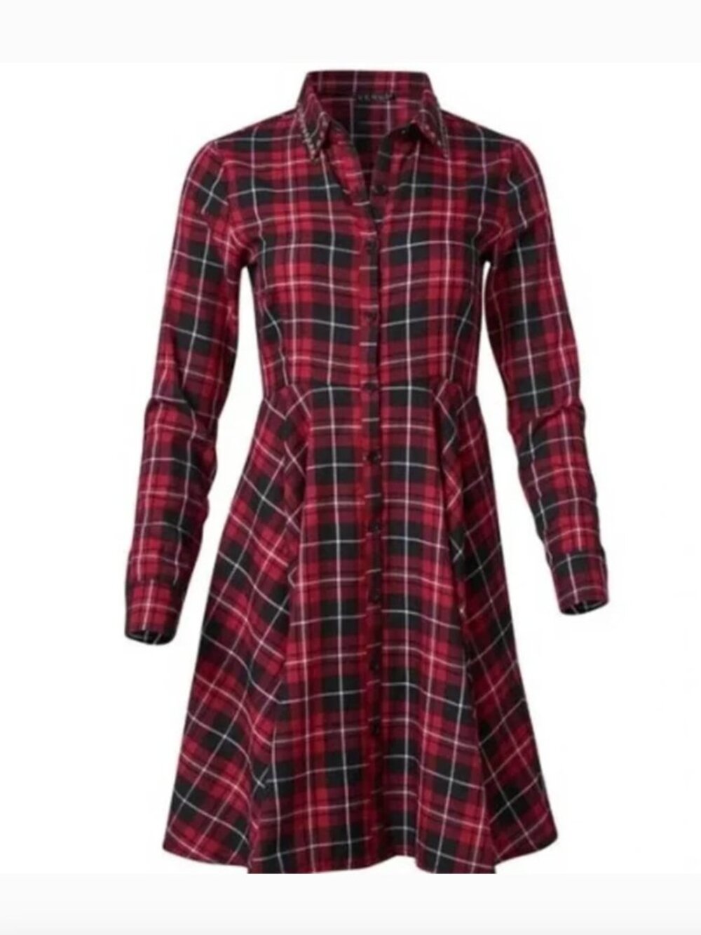 VENUS Red and Black Plaid Long Sleeve Dress w/ Metal Stud Details